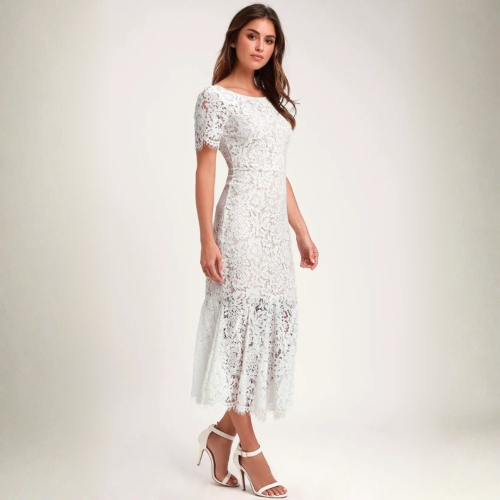 Lulus‎ White Lace Short Sleeve Mermaid Midi Dress Bridal Shower Wedding Guest M